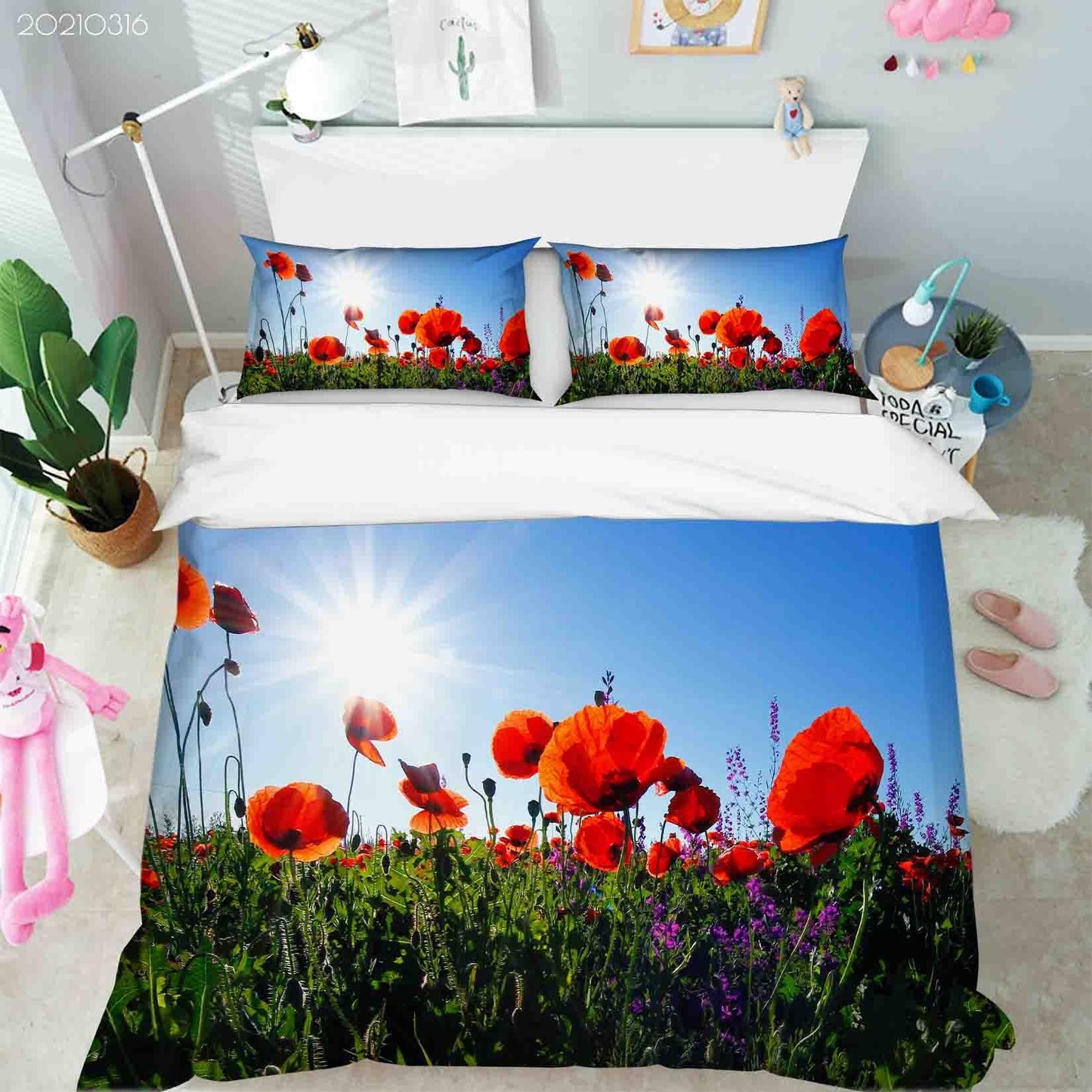 3D Blue Sky Sunshine Poppy Floral Quilt Cover Set Bedding Set Duvet Cover Pillowcases 146