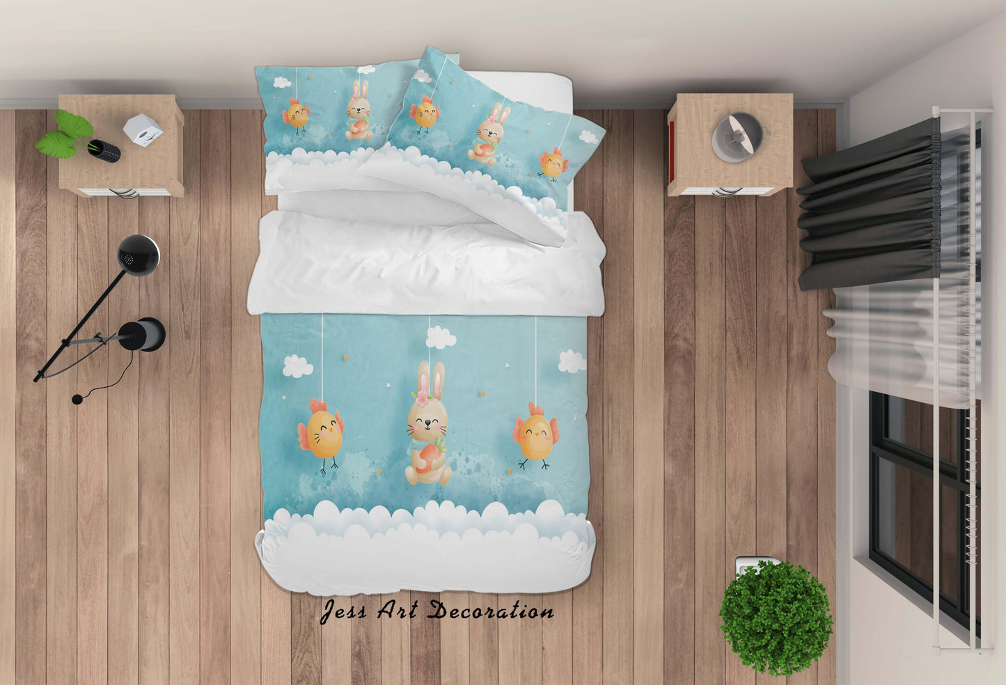 3D Blue Clouds Rabbit Chick Quilt Cover Set Bedding Set Duvet Cover Pillowcases SF65