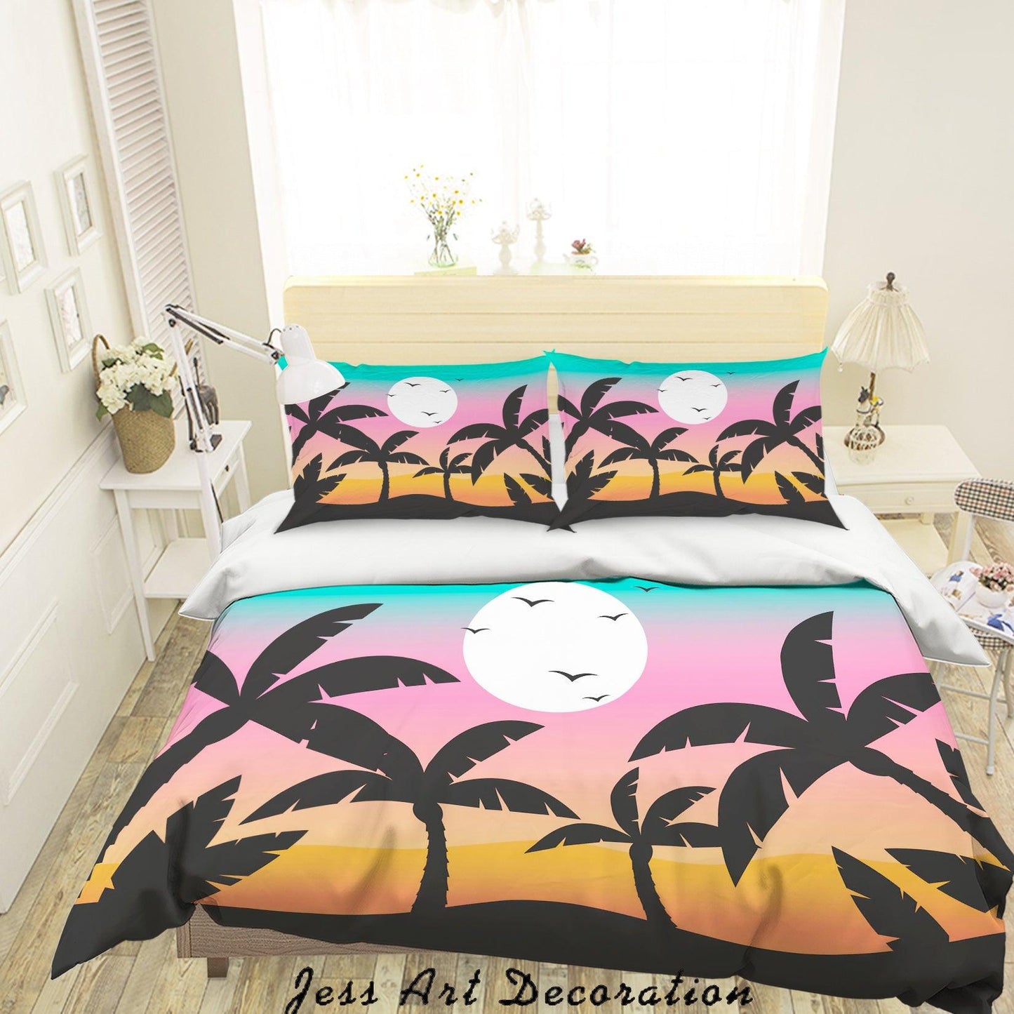 3D Cartoon Coconut Tree Sunset Quilt Cover Set Bedding Set Duvet Cover Pillowcases A055 LQH