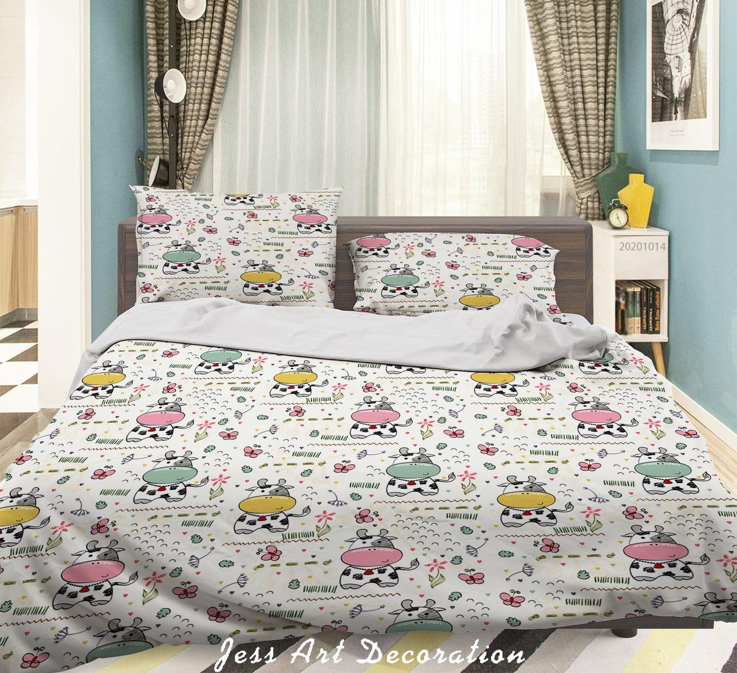 3D Cartoon Animal Cow Flowers Pattern Quilt Cover Set Bedding Set Duvet Cover Pillowcases WJ 9714