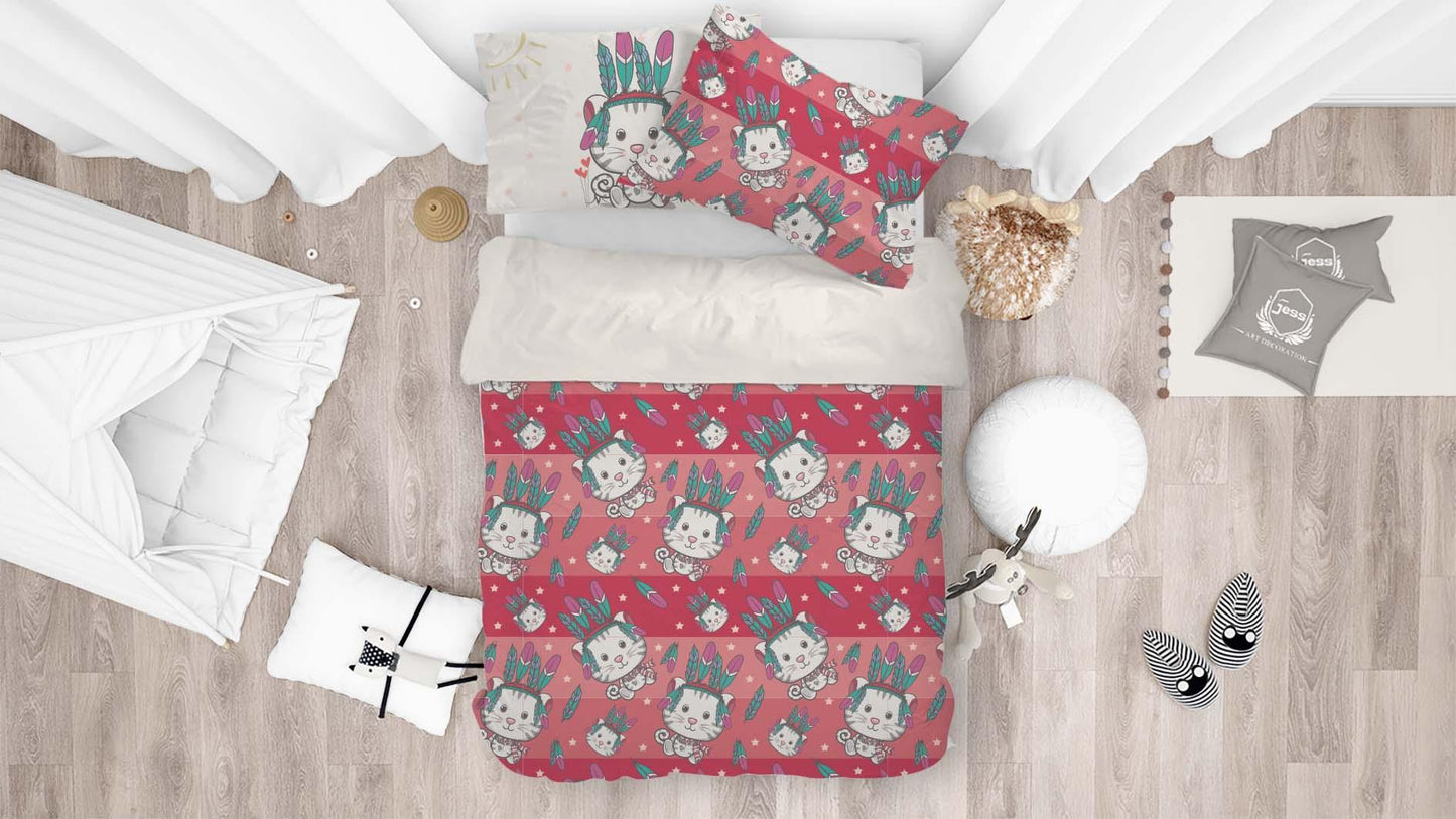 3D Cartoon Cat Kitty Feather Red Quilt Cover Set Bedding Set Pillowcases 34