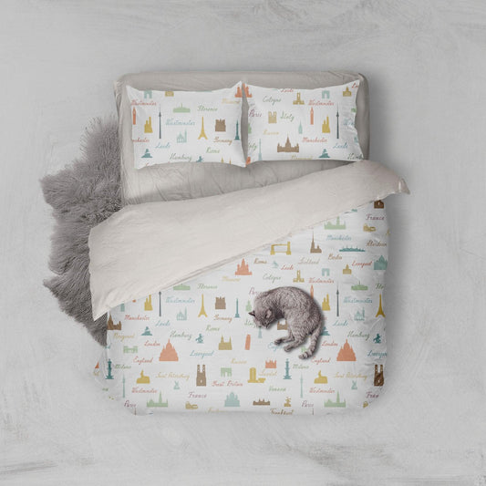 3D Cartoon Landmark Building Eiffel Tower London Bridge Quilt Cover Set Bedding Set Pillowcases 140