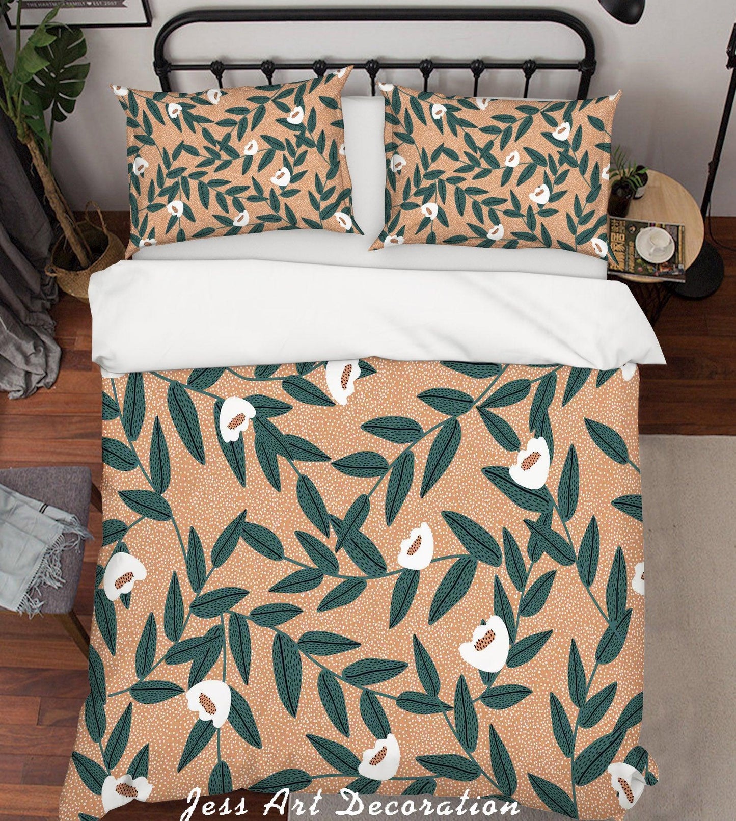 3D Cartoon Green Leaves White Flowers Quilt Cover Set Bedding Set Pillowcases 109