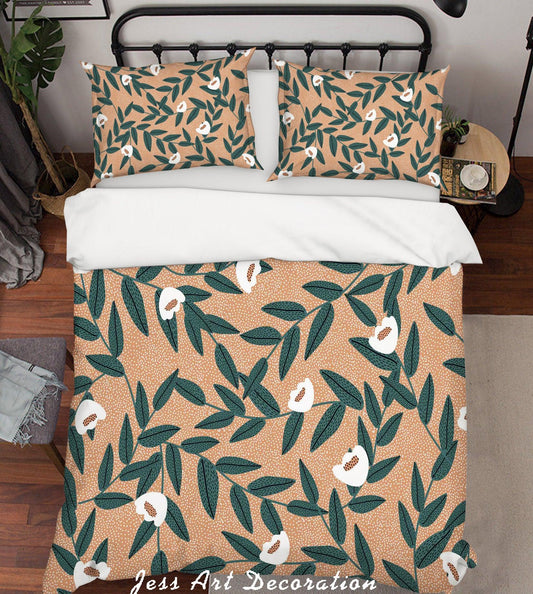 3D Cartoon Green Leaves White Flowers Quilt Cover Set Bedding Set Pillowcases 109