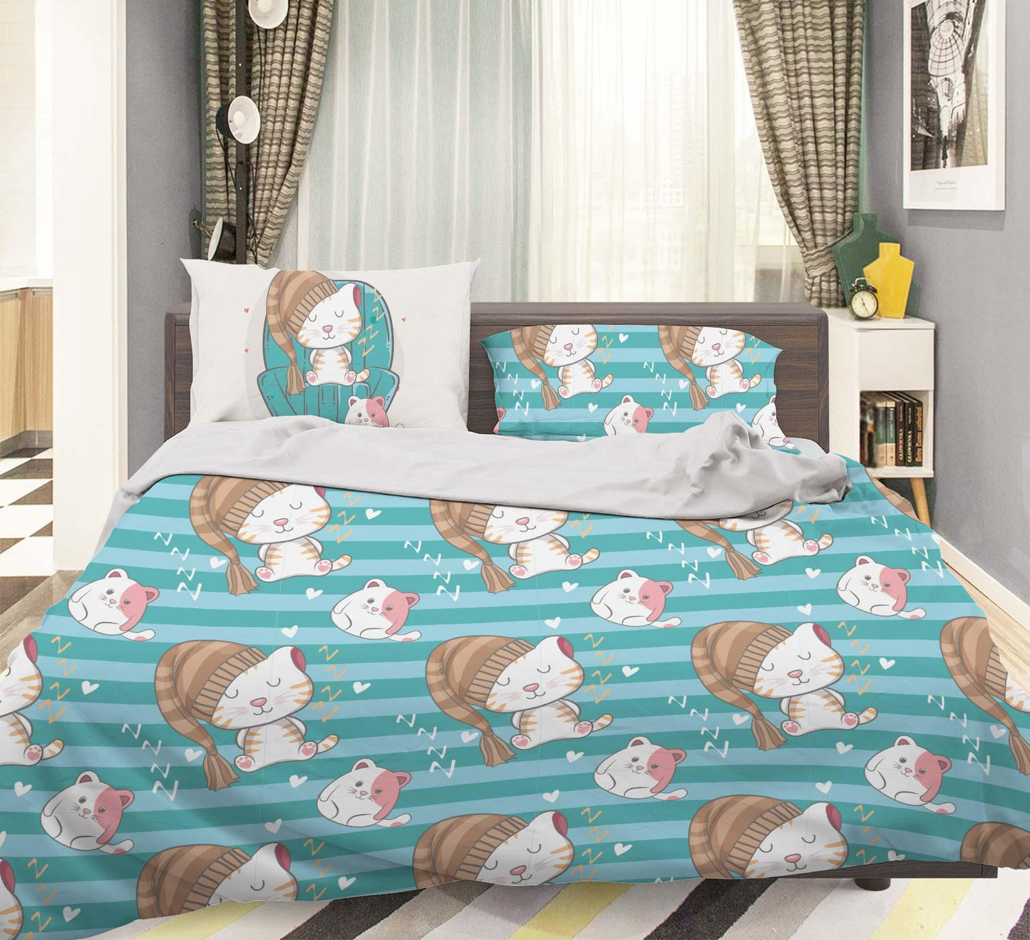 3D Blue Stripes Cat Kitty Quilt Cover Set Bedding Set Pillowcases 46