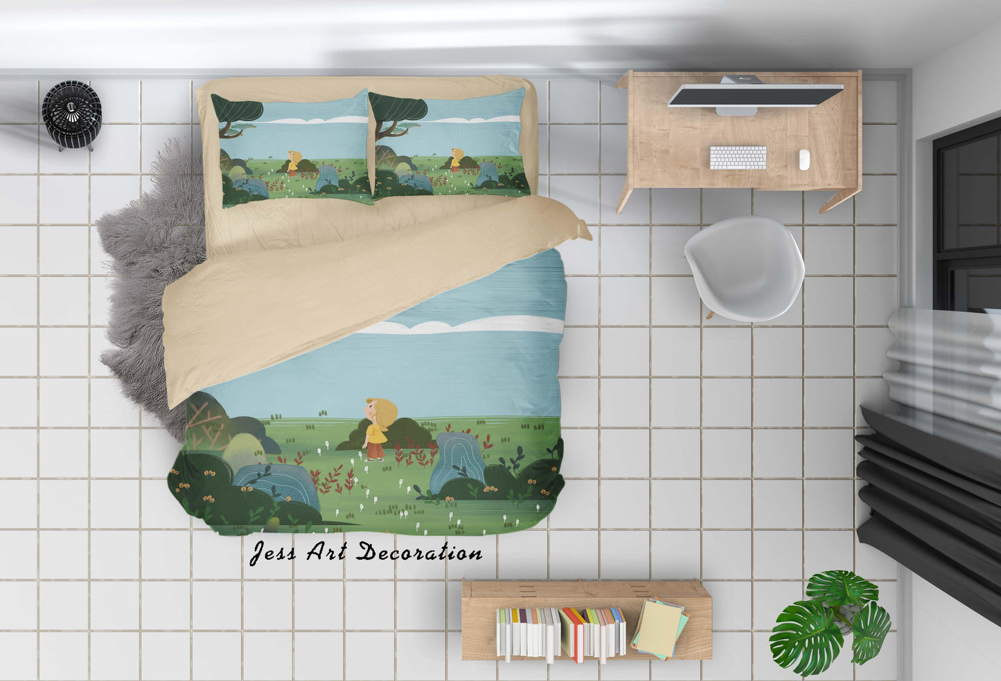 3D Blue Sky Grass Girl Tree Painting Quilt Cover Set Bedding Set Duvet Cover Pillowcases A449 LQH