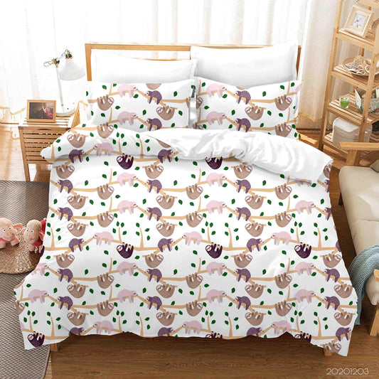 3D Cartoon Hand Drawn Cute Sloth Plant Illustration Animal Quilt Cover Set Bedding Set Duvet Cover Pillowcases LXL