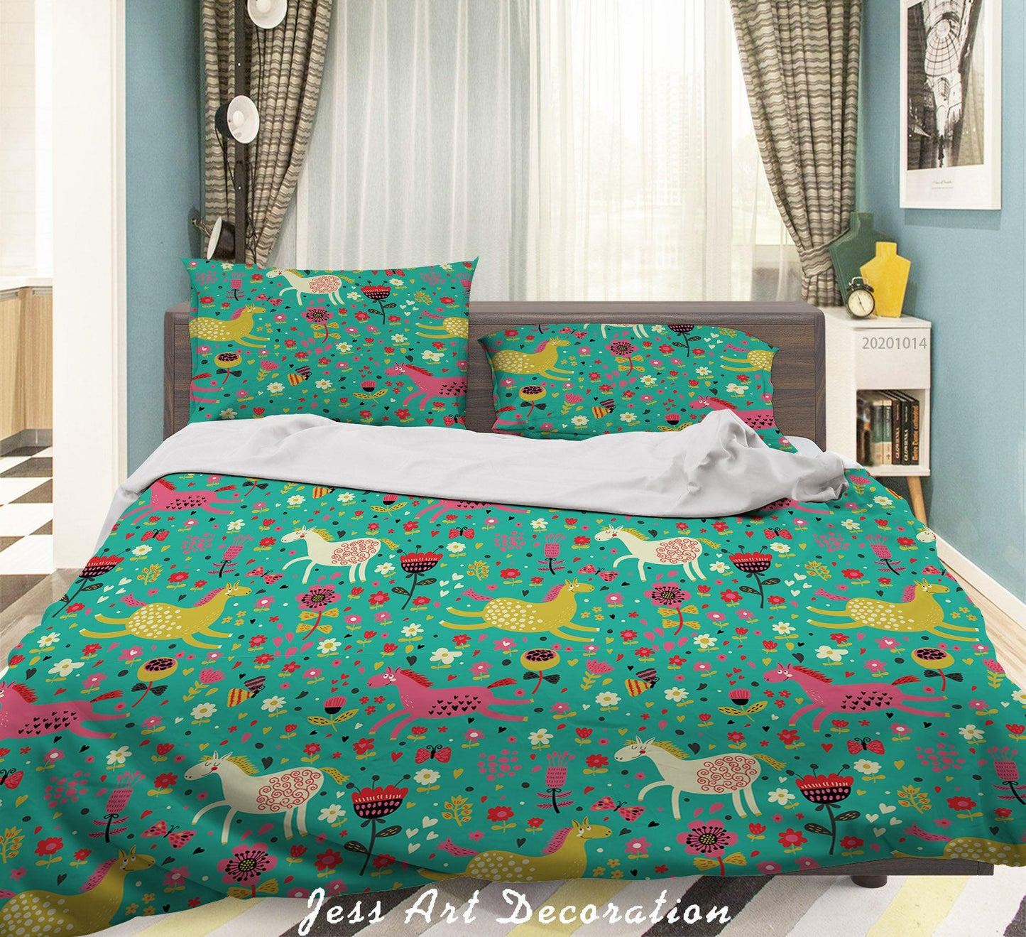 3D Cartoon Animal Horses Flowers Pattern Quilt Cover Set Bedding Set Duvet Cover Pillowcases WJ 9703