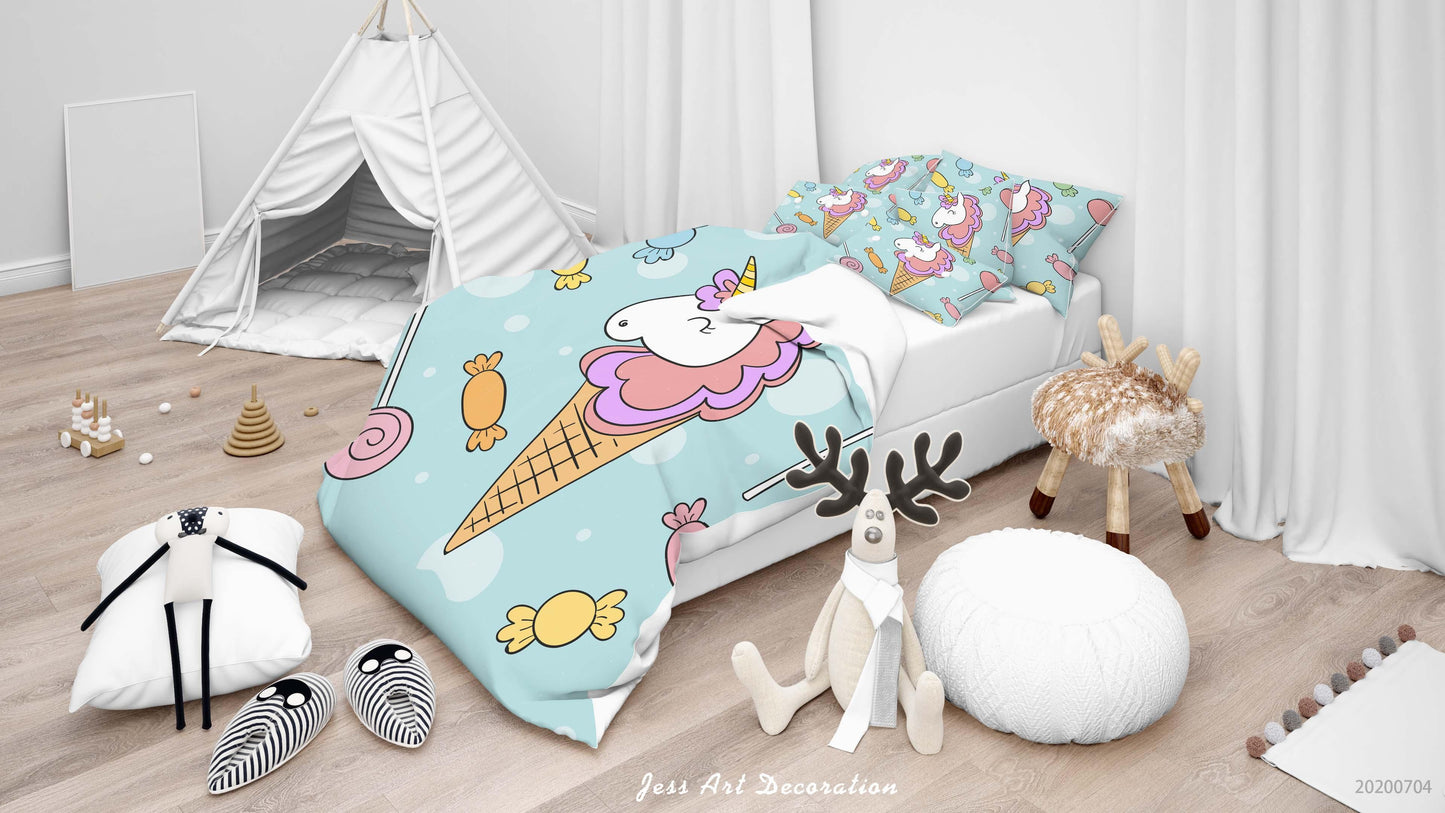 3D Blue Unicorn Ice Cream Candy Lollipop Quilt Cover Set Bedding Set Duvet Cover Pillowcases SF70