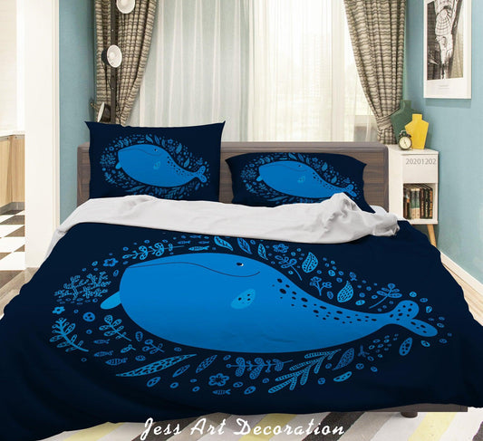 3D Cartoon Hand Drawn Blue Whale Star Plant Pattern Quilt Cover Set Bedding Set Duvet Cover Pillowcases LXL
