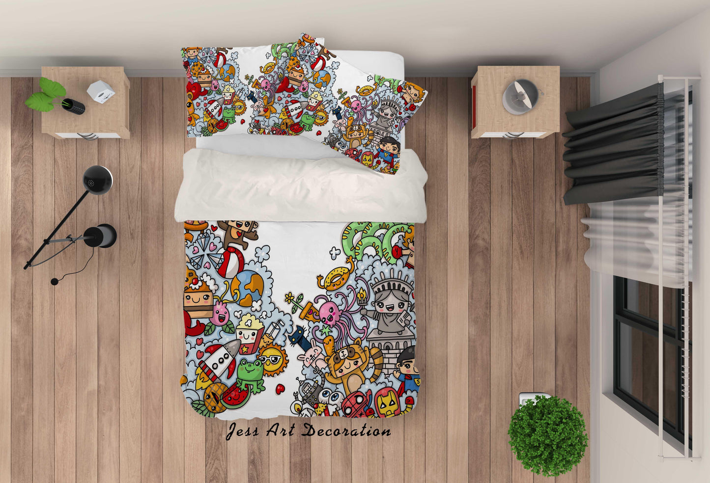 3D Cartoon Animal Food Rocket Graffiti Quilt Cover Set Bedding Set Pillowcases 100