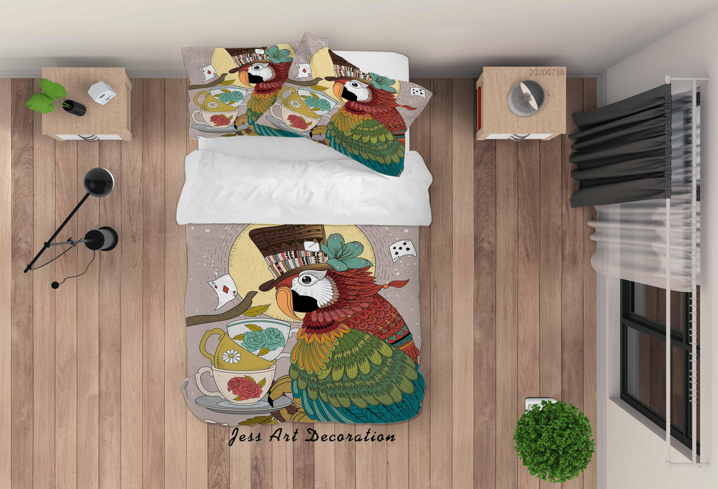 3D Cartoon Parrot Tea Cup Quilt Cover Set Bedding Set Duvet Cover Pillowcases LXL 67