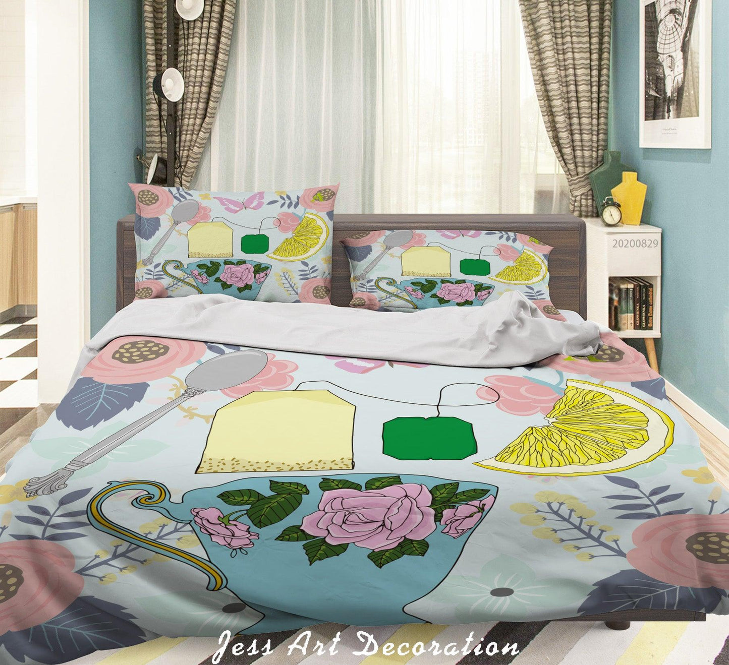 3D Abstract Hand Draw Cartoon Teacup Lemon Floral Pattern Quilt Cover Set Bedding Set Duvet Cover Pillowcases WJ 3592
