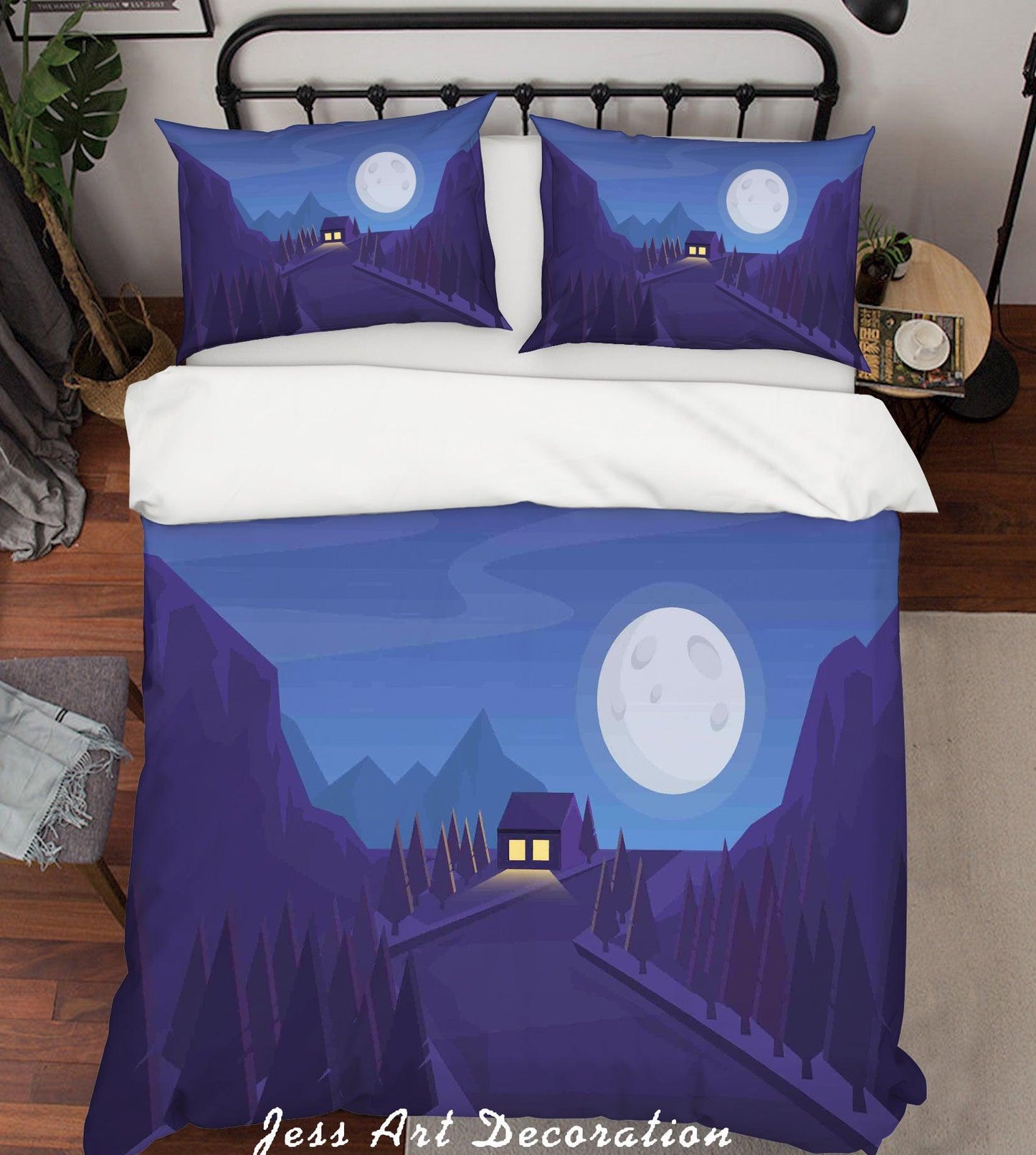 3D Blue Moon Mountains Trees House Quilt Cover Set Bedding Set Pillowcases 19