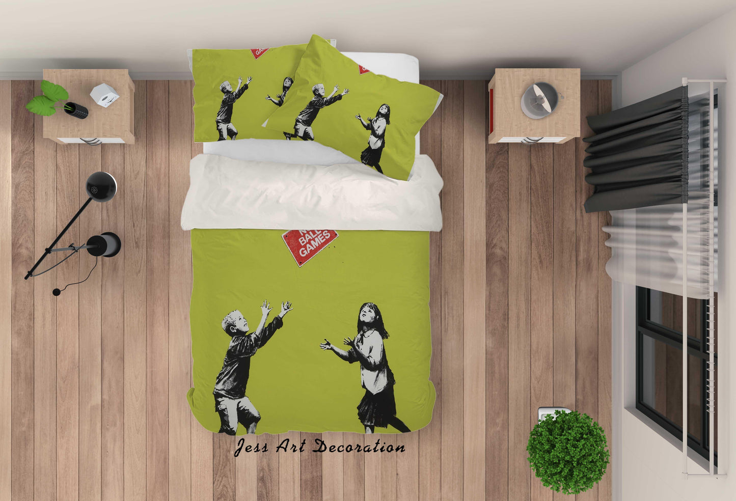 3D Banksy No Ball Games Green Quilt Cover Set Bedding Set Duvet Cover Pillowcases  ZY D45