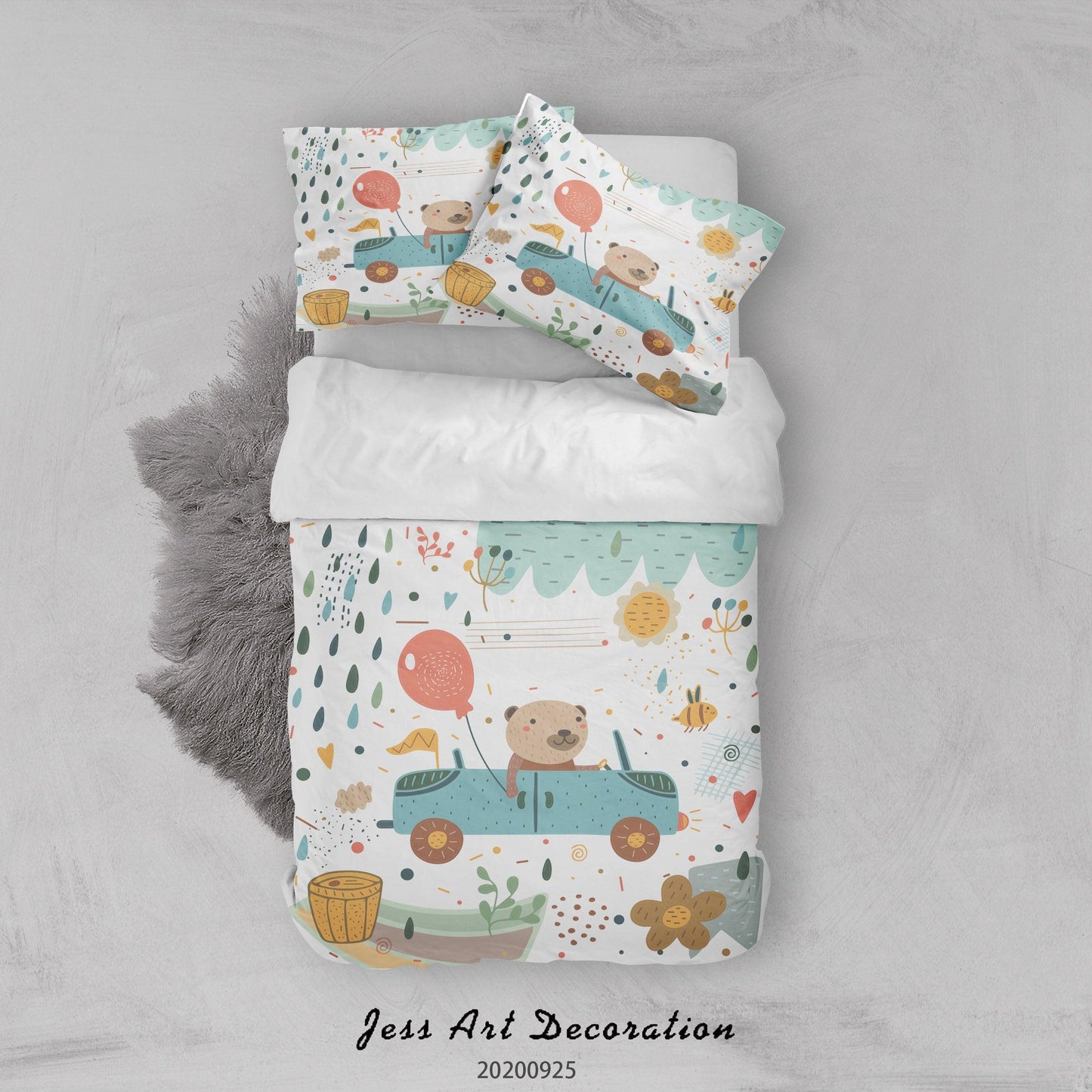 3D Cartoon Animal Baby Bear Car Quilt Cover Set Bedding Set Duvet Cover Pillowcases WJ 6451