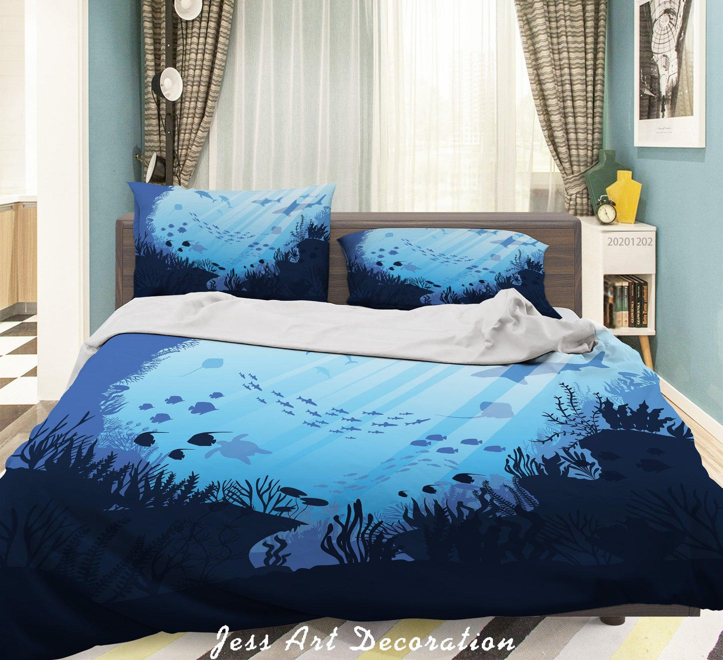 3D Cartoon Dark Blue Ocean Seaweed Fish Shadow Quilt Cover Set Bedding Set Duvet Cover Pillowcases LXL