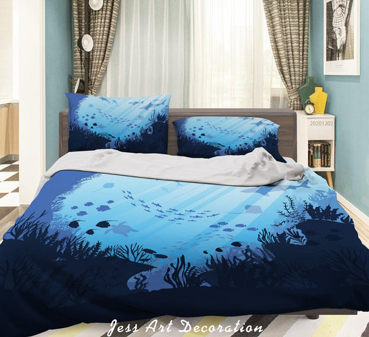 3D Cartoon Dark Blue Ocean Seaweed Fish Shadow Quilt Cover Set Bedding Set Duvet Cover Pillowcases LXL