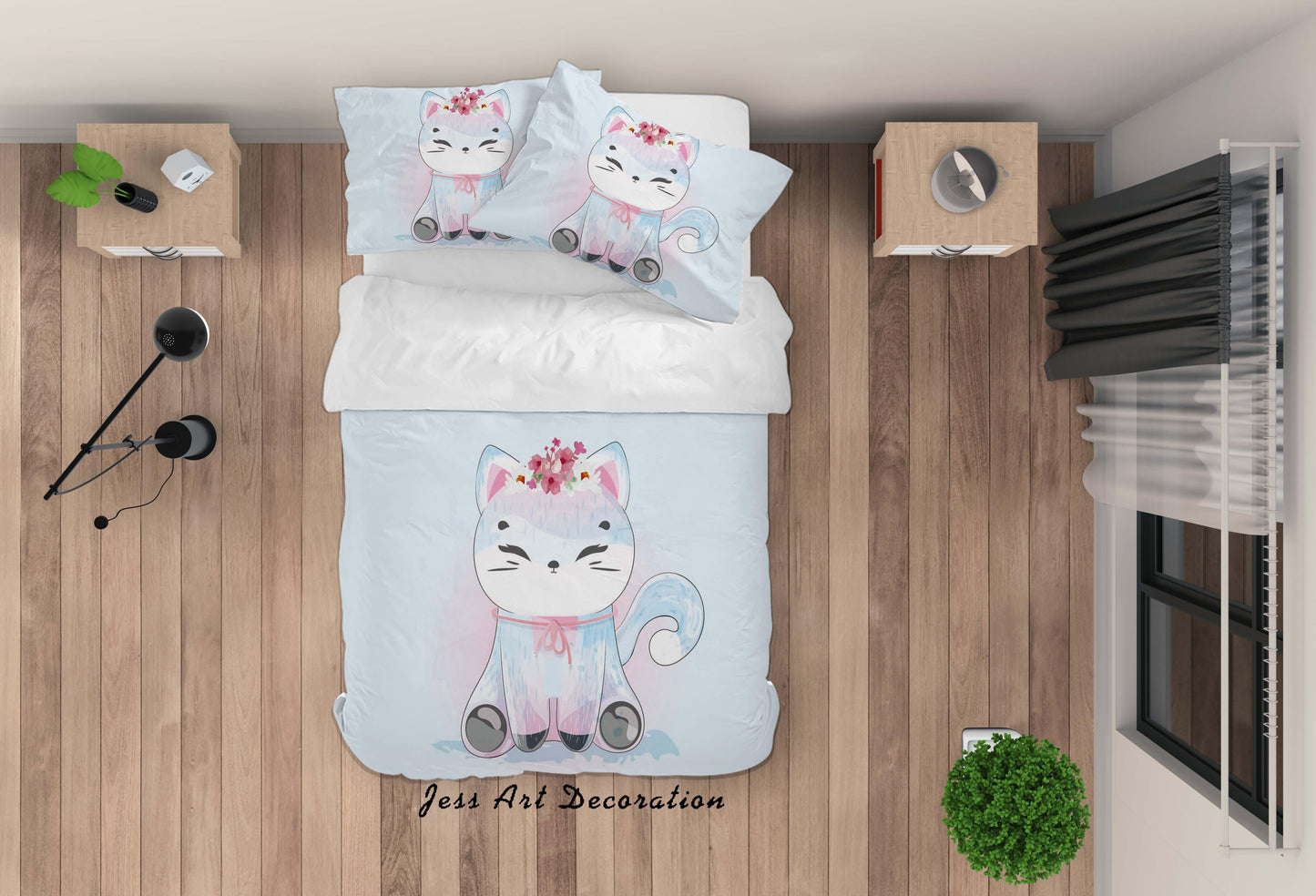 3D Blue Cartoon Cat Kitty Animal Quilt Cover Set Bedding Set Duvet Cover Pillowcases SF73
