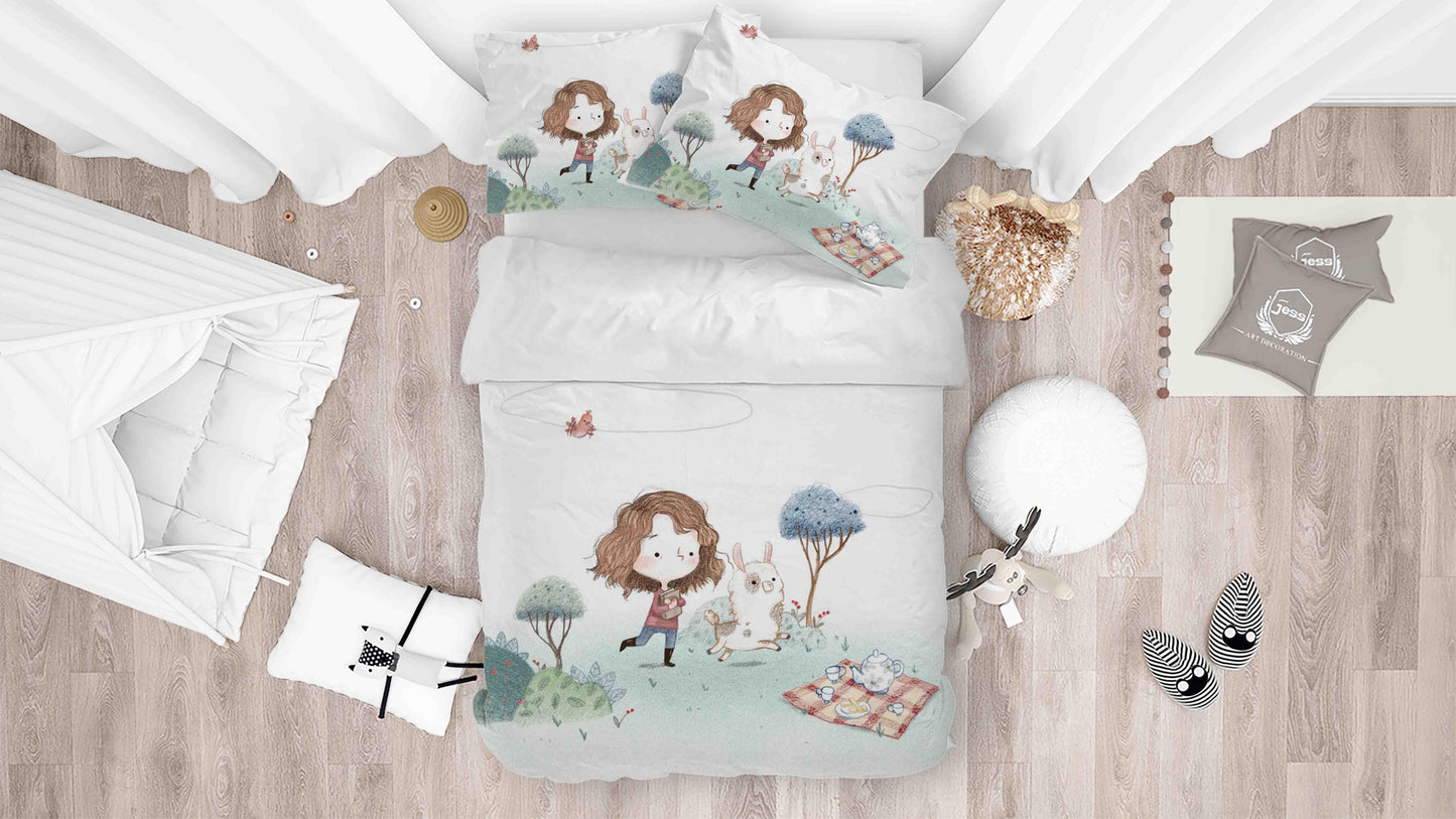 3D Cartoon Girl Sheep Trees Plants Picnic Quilt Cover Set Bedding Set Duvet Cover Pillowcases SF055