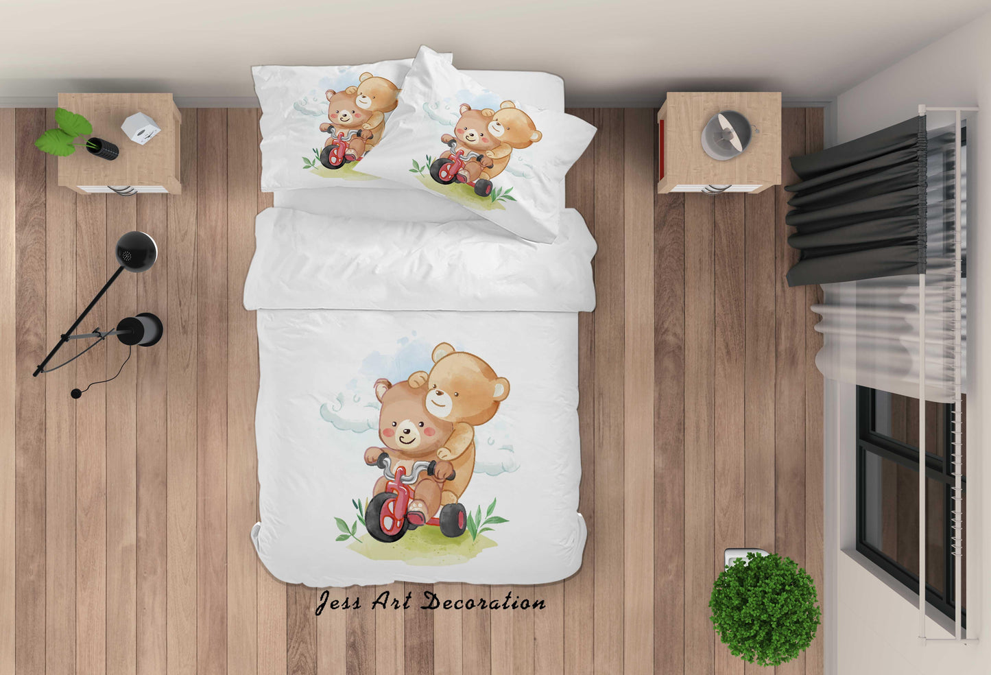 3D Cartoon Bear Bike Quilt Cover Set Bedding Set Duvet Cover Pillowcases SF47