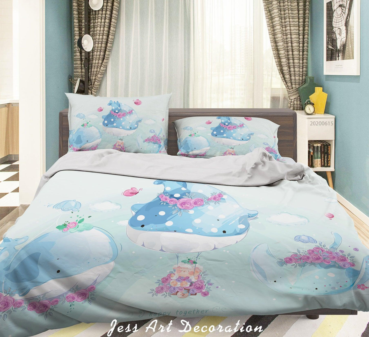 3D  Blue Whale Floral Quilt Cover Set Bedding Set Duvet Cover Pillowcases SF32