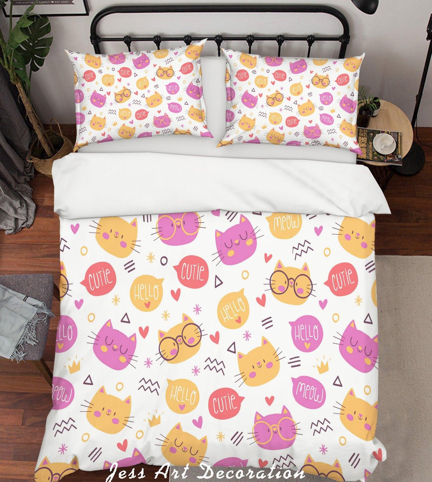 3D Cartoon Cat Pink Quilt Cover Set Bedding Set Pillowcases 100
