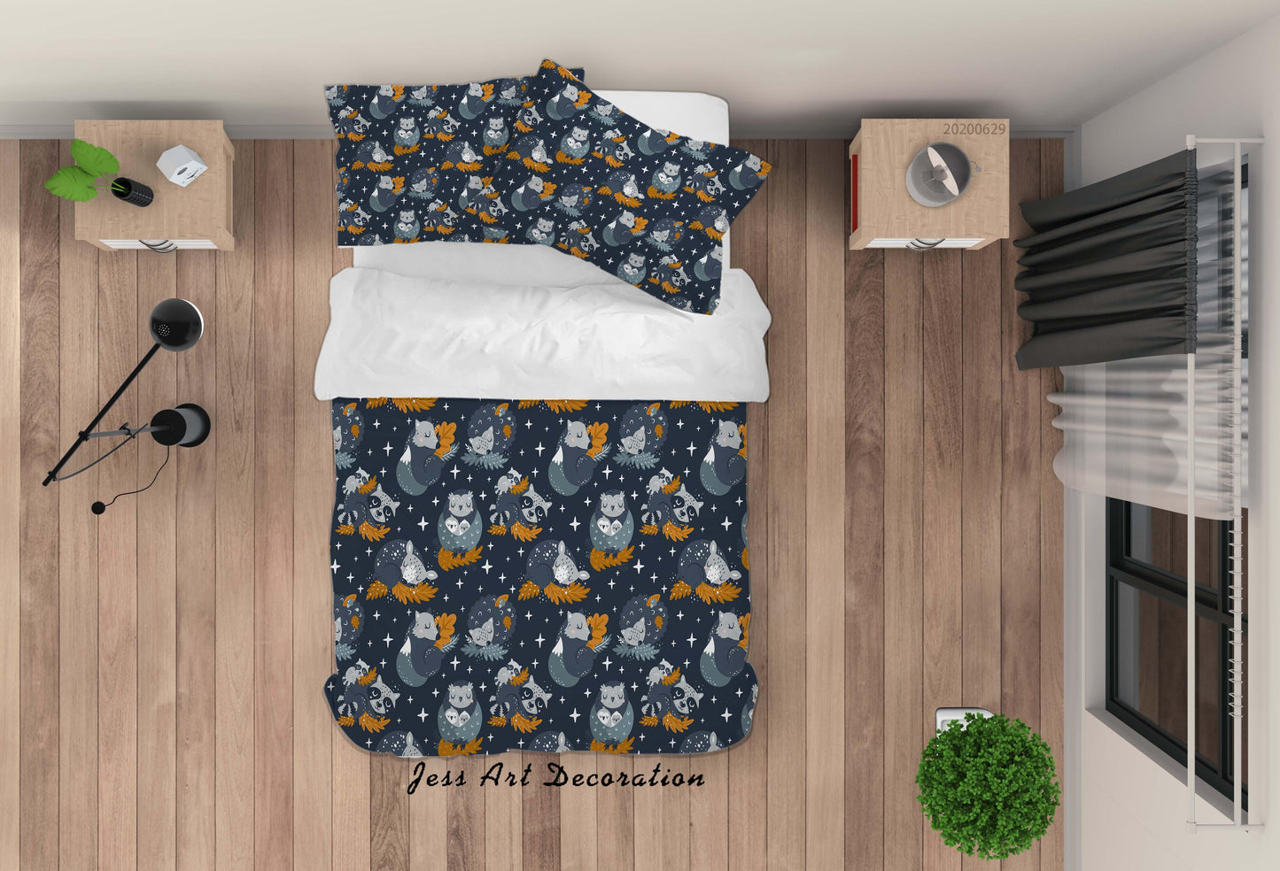 3D Blue Animal Deer Fox Tanuki Stars Quilt Cover Set Bedding Set Duvet Cover Pillowcases SF01