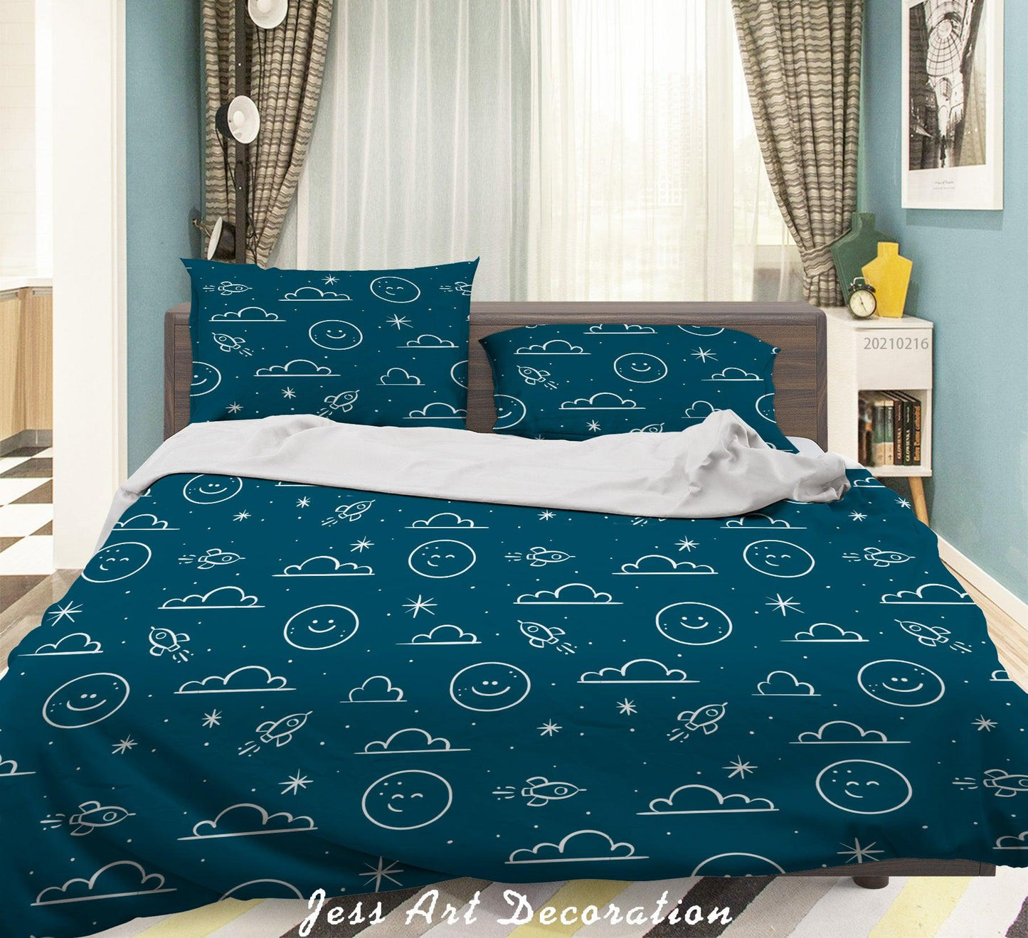 3D Cartoon Cloud Moon Rocket Quilt Cover Set Bedding Set Duvet Cover Pillowcases 288