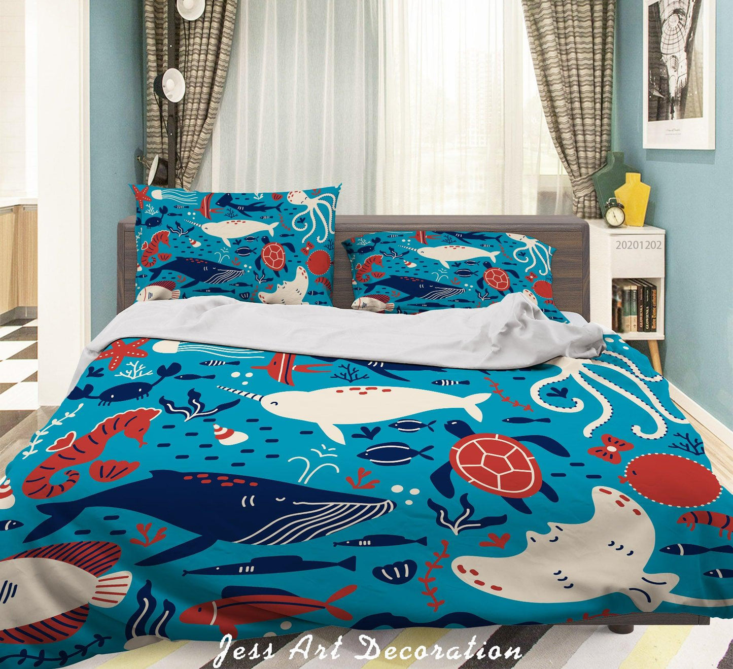 3D Cartoon Hand Drawn Ocean Colorful Octopus Sea Turtle Whale Fish Quilt Cover Set Bedding Set Duvet Cover Pillowcases LXL