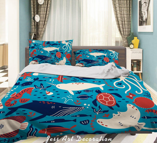 3D Cartoon Hand Drawn Ocean Colorful Octopus Sea Turtle Whale Fish Quilt Cover Set Bedding Set Duvet Cover Pillowcases LXL