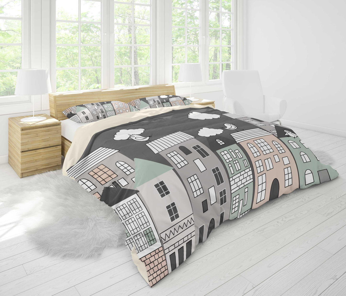 3D Black City Building Bird Clouds Quilt Cover Set Bedding Set Pillowcases 20