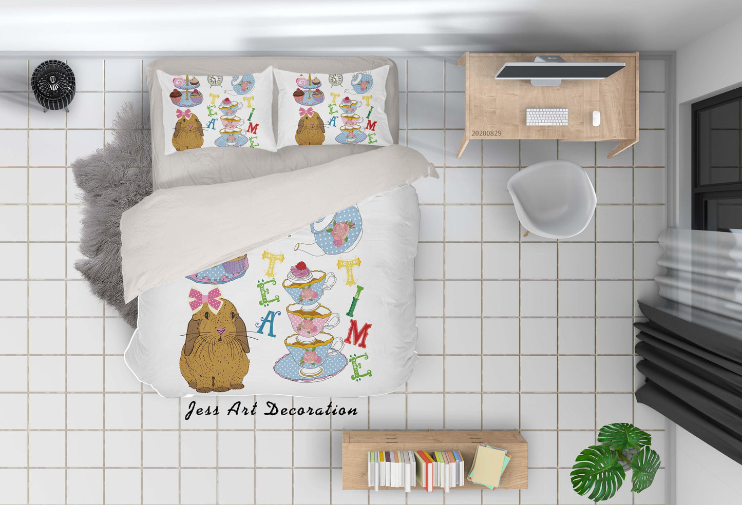 3D Abstract Hand Draw Cartoon Rabbit Teacup Dessert Pattern Quilt Cover Set Bedding Set Duvet Cover Pillowcases WJ 3564