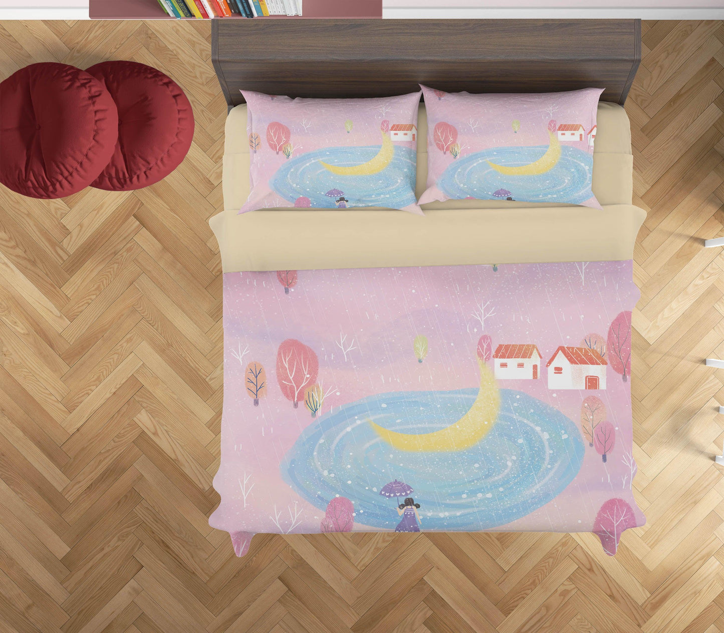3D Cartoon Pond Rain Girl House Quilt Cover Set Bedding Set Duvet Cover Pillowcases A580 LQH