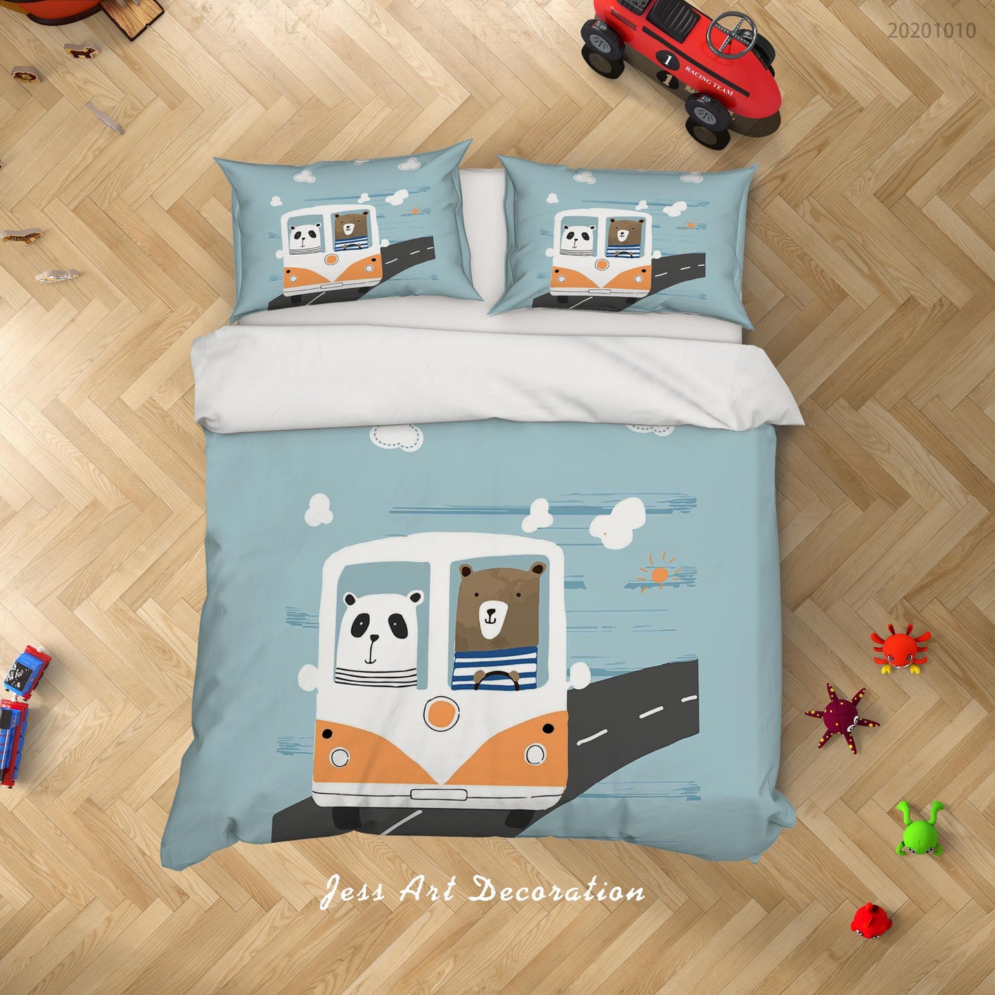 3D Cartoon Cute Animal Bear Bus Quilt Cover Set Bedding Set Duvet Cover Pillowcases WJ 9556