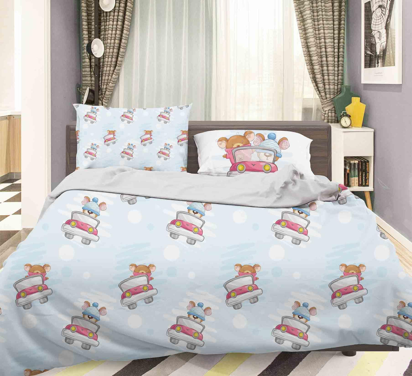 3D Blue Teddy Bear Car Quilt Cover Set Bedding Set Pillowcases 102
