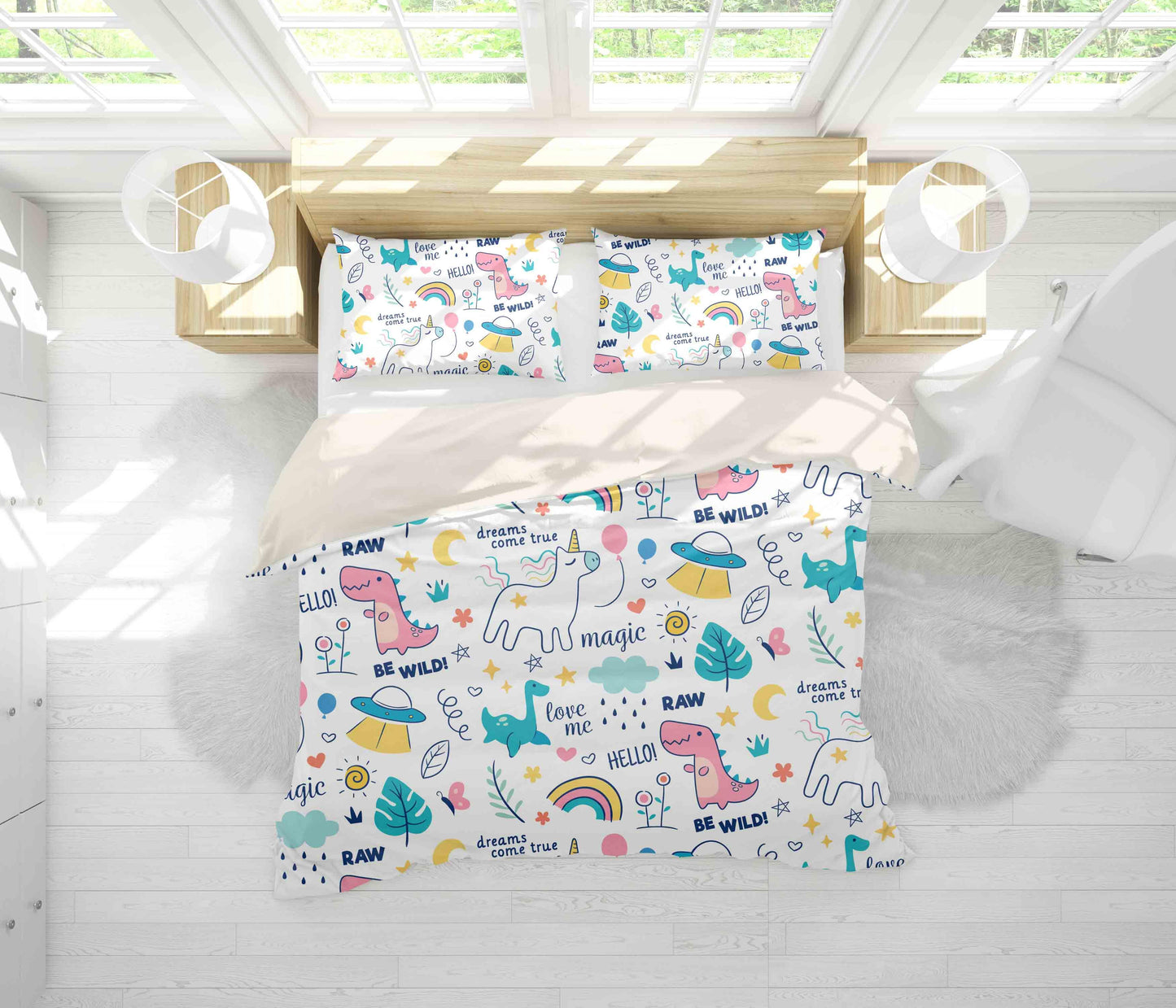 3D Cartoon Dinosaur Spaceship Unicorn Rain Quilt Cover Set Bedding Set Pillowcases 26