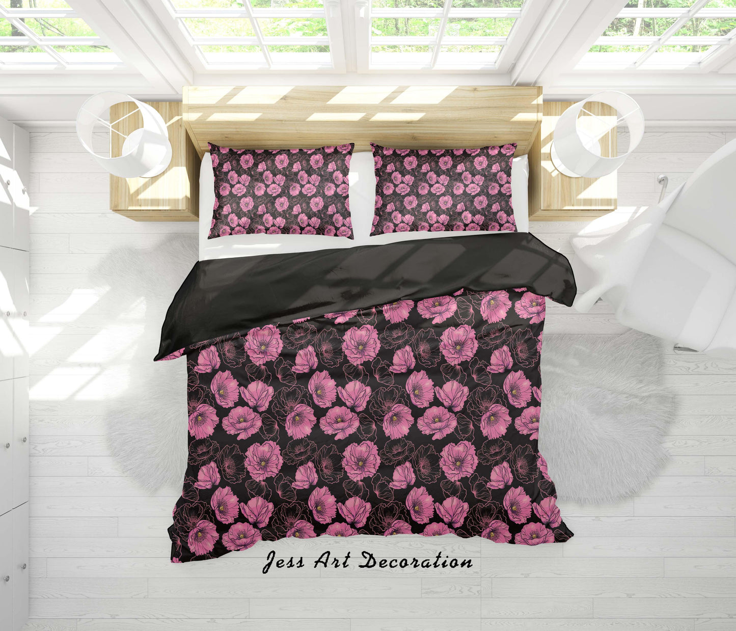 3D Black Pink Flowers Quilt Cover Set Bedding Set Duvet Cover Pillowcases SF114