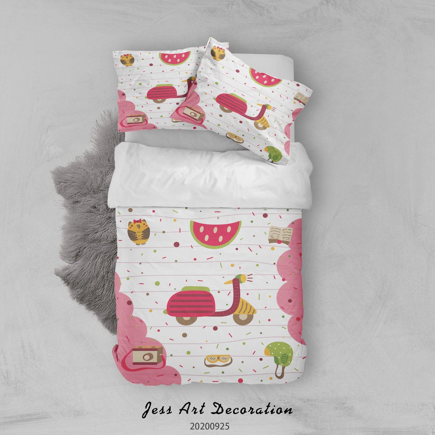 3D Cartoon Electric Vehicle Watermelon Pattern Quilt Cover Set Bedding Set Duvet Cover Pillowcases WJ 6455