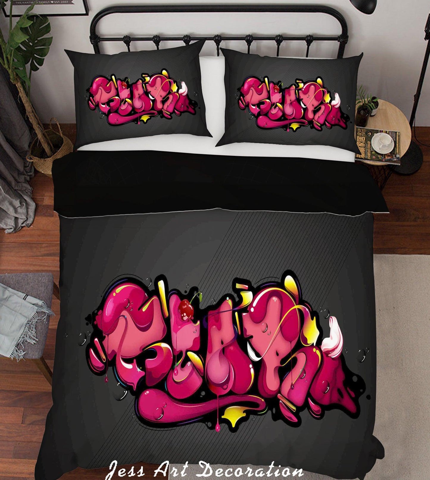 3D Black Pink Graffiti Quilt Cover Set Bedding Set Pillowcases 78