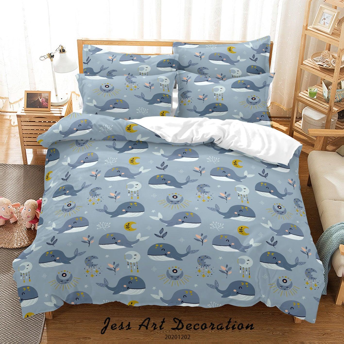 3D Abstract Cartoon Hand Drawn Blue Ocean Whale Fish Moon Plant Quilt Cover Set Bedding Set Duvet Cover Pillowcases LXL