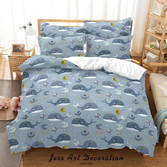 3D Abstract Cartoon Hand Drawn Blue Ocean Whale Fish Moon Plant Quilt Cover Set Bedding Set Duvet Cover Pillowcases LXL