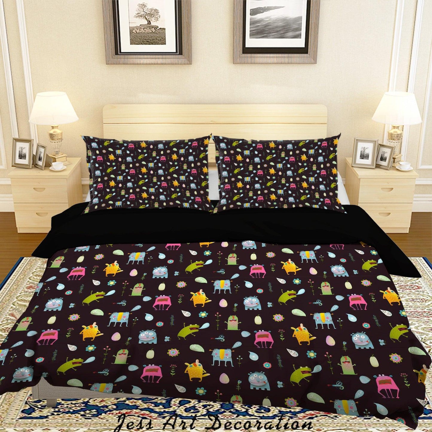 3D Cartoon Monster Black Background Quilt Cover Set Bedding Set Duvet Cover Pillowcases A025 LQH