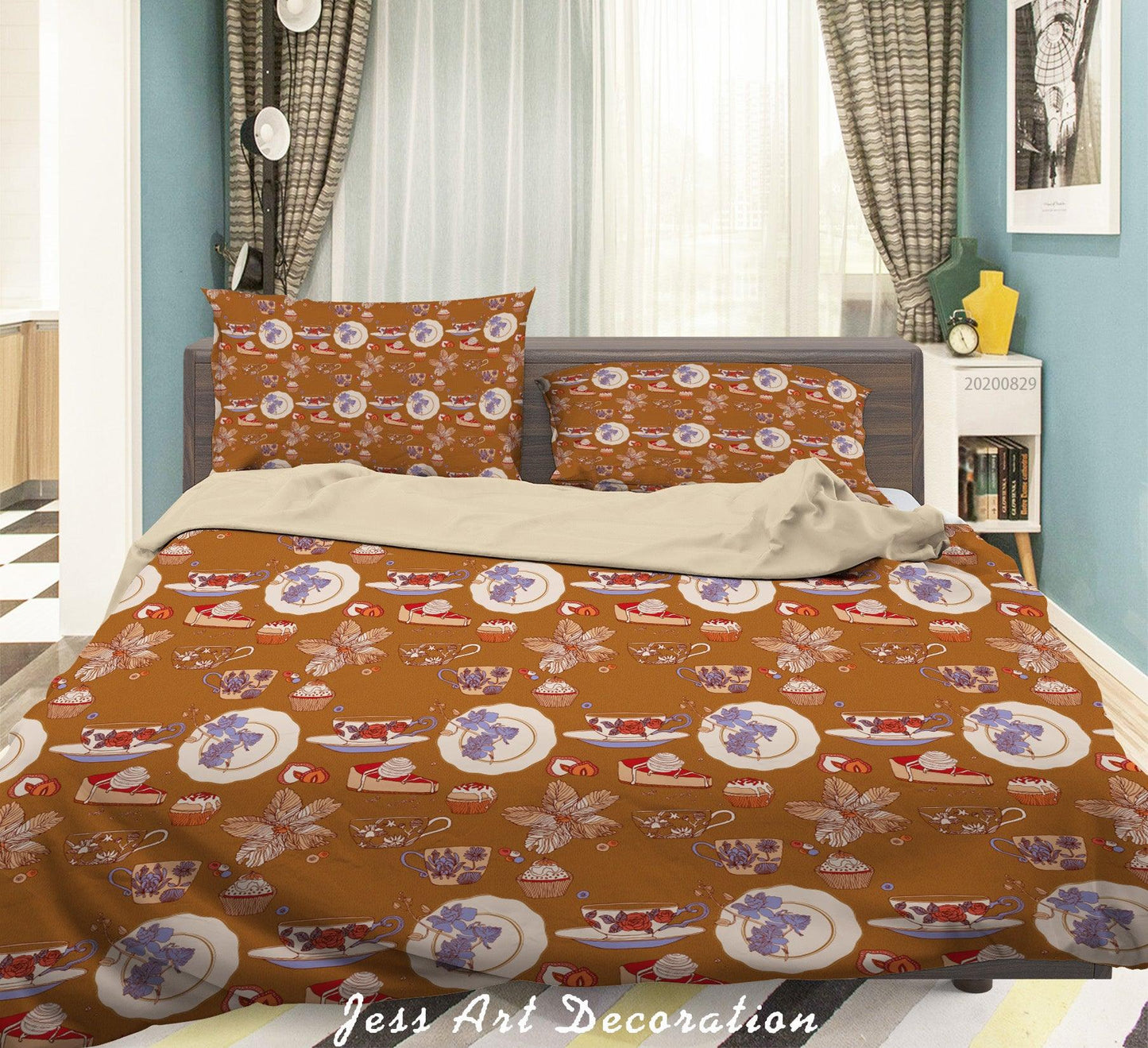 3D Abstract Hand Draw Cartoon Floral Teacup Pattern Quilt Cover Set Bedding Set Duvet Cover Pillowcases WJ 3563