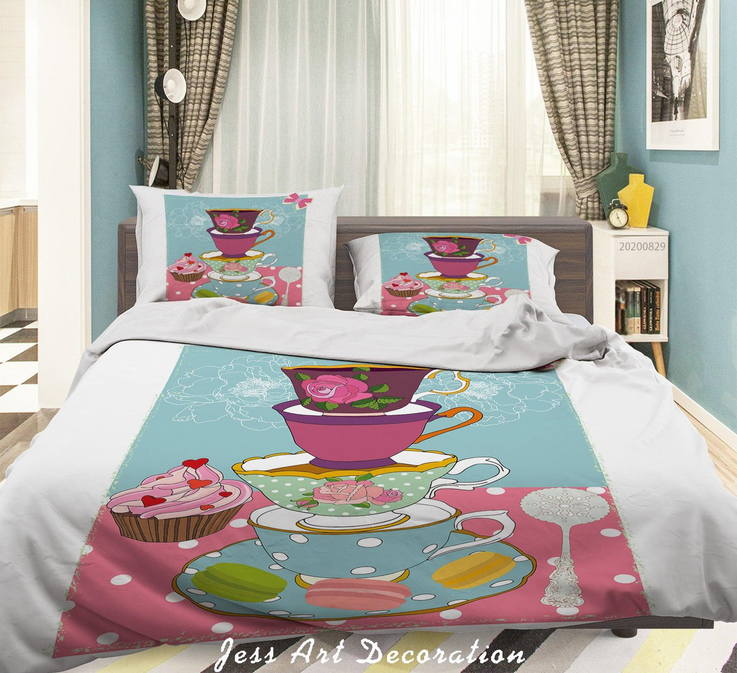 3D Abstract Hand Draw Cartoon Teacup Dessert Pattern Quilt Cover Set Bedding Set Duvet Cover Pillowcases WJ 3565
