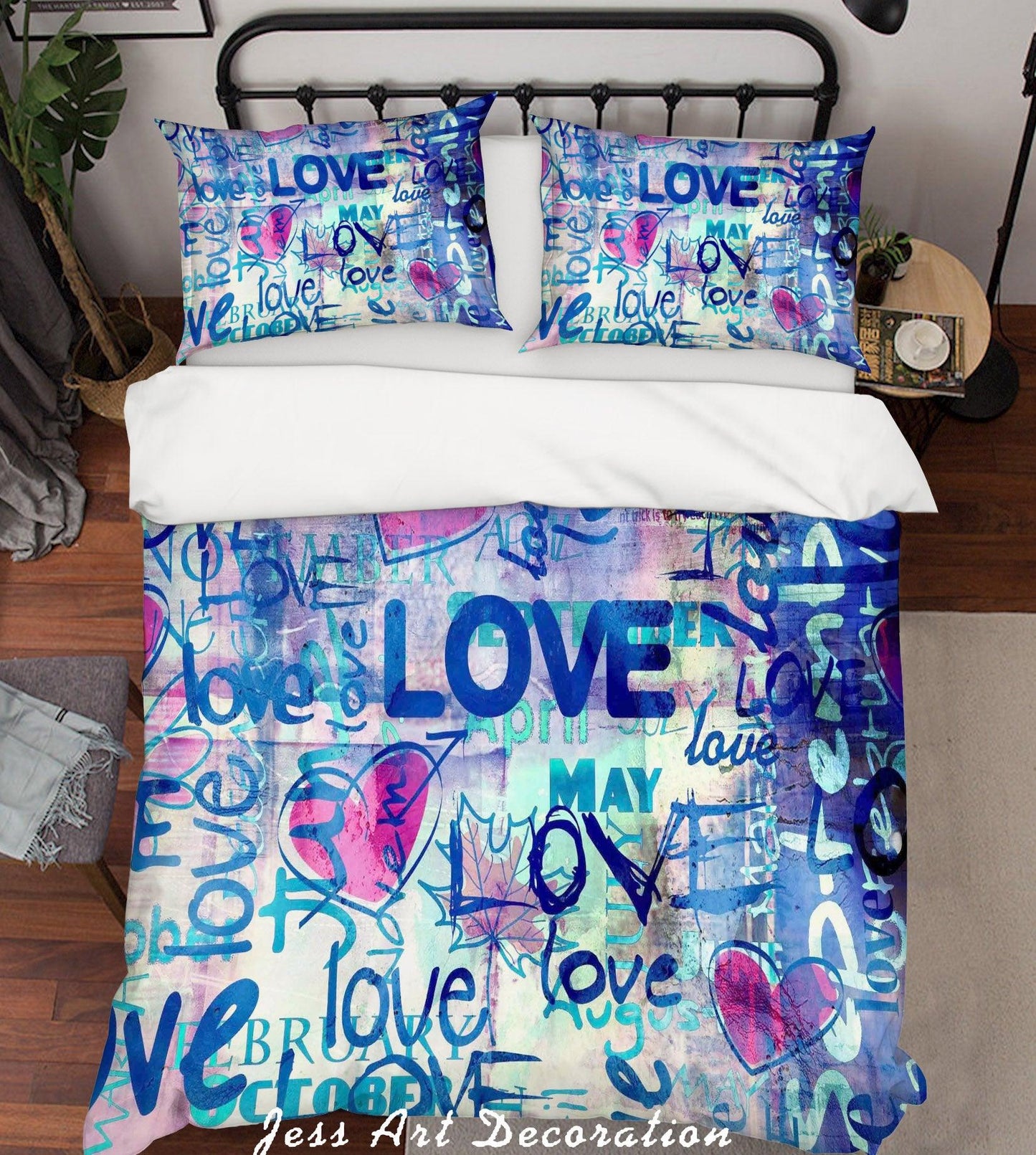 3D Blue Love Graffiti Quilt Cover Set Bedding Set Pillowcases 09