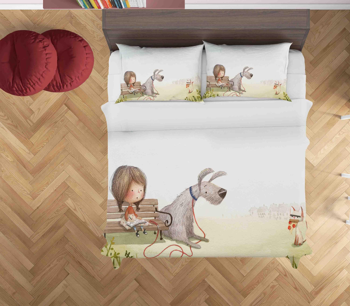 3D Cartoon Bench Girl Dog Cat Quilt Cover Set Bedding Set Duvet Cover Pillowcases SF069