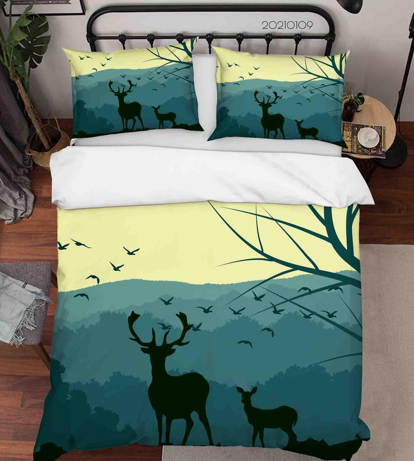 3D Cartoon Green Forest Animal Elk Quilt Cover Set Bedding Set Duvet Cover Pillowcases 47 LQH