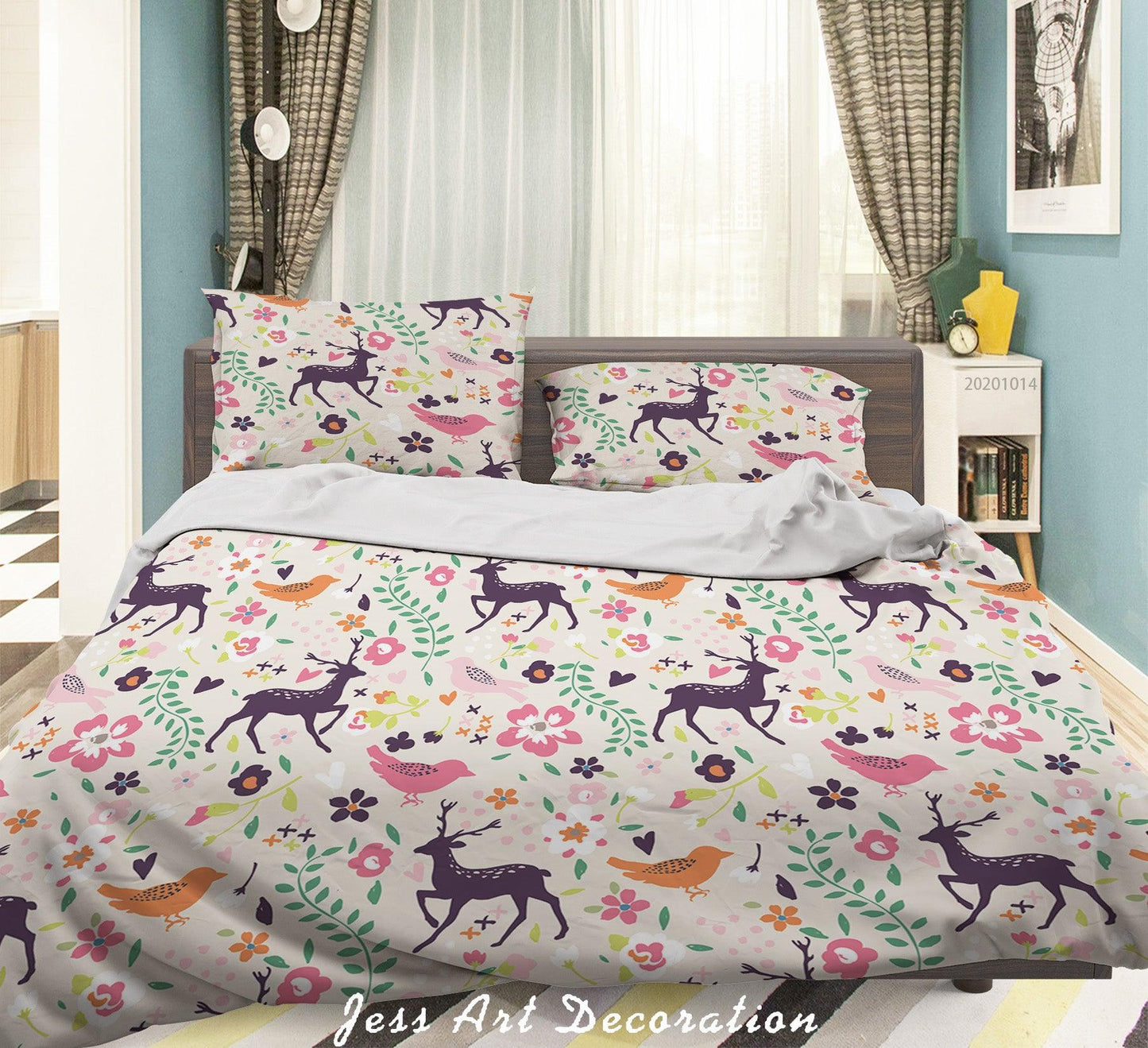 3D Cartoon Animal Dears Birds Flowers Pattern Quilt Cover Set Bedding Set Duvet Cover Pillowcases WJ 9701