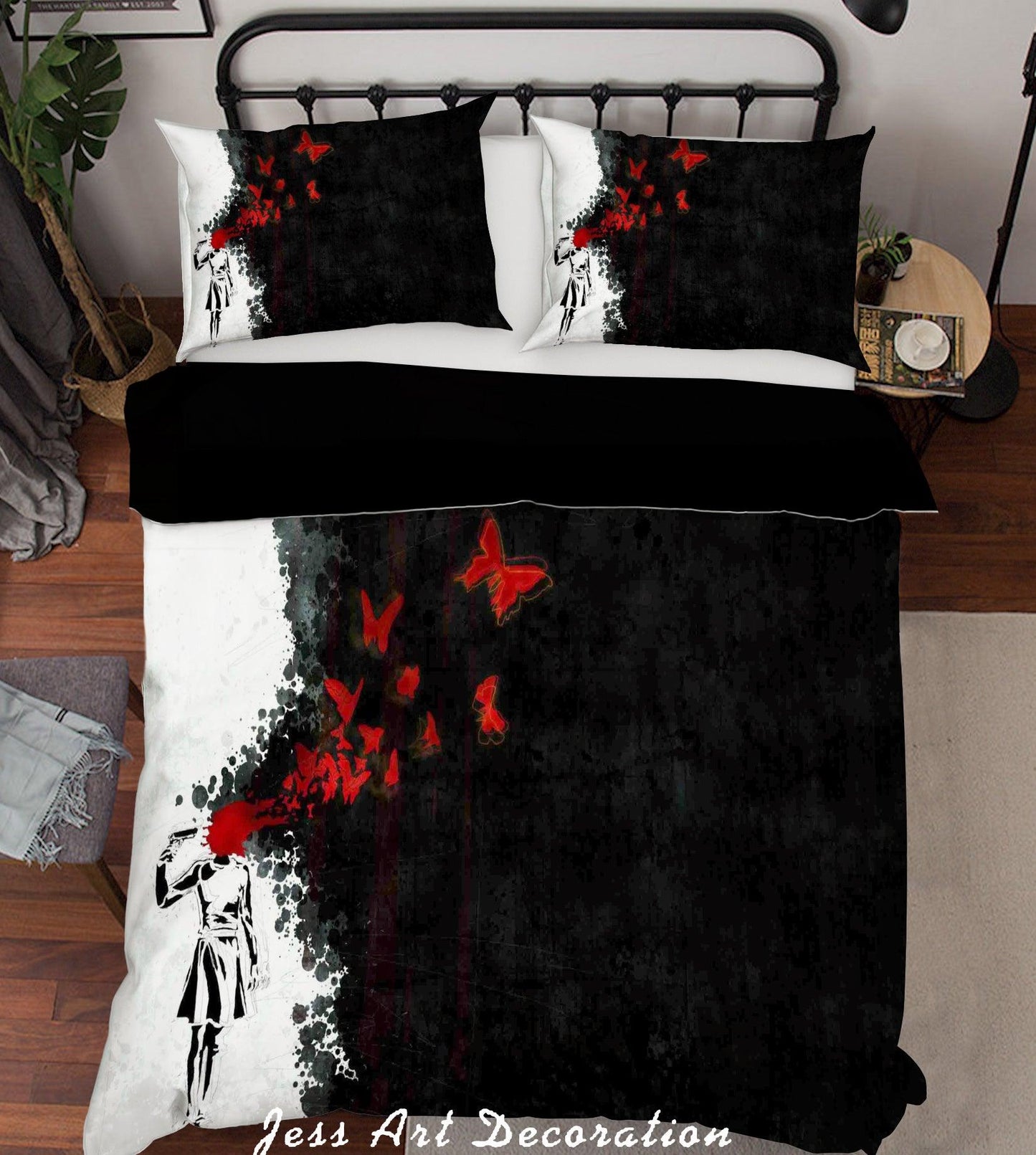 3D Banksy Mural Red Blood Butterfly Black White Quilt Cover Set Bedding Set Duvet Cover Pillowcases  ZY D121